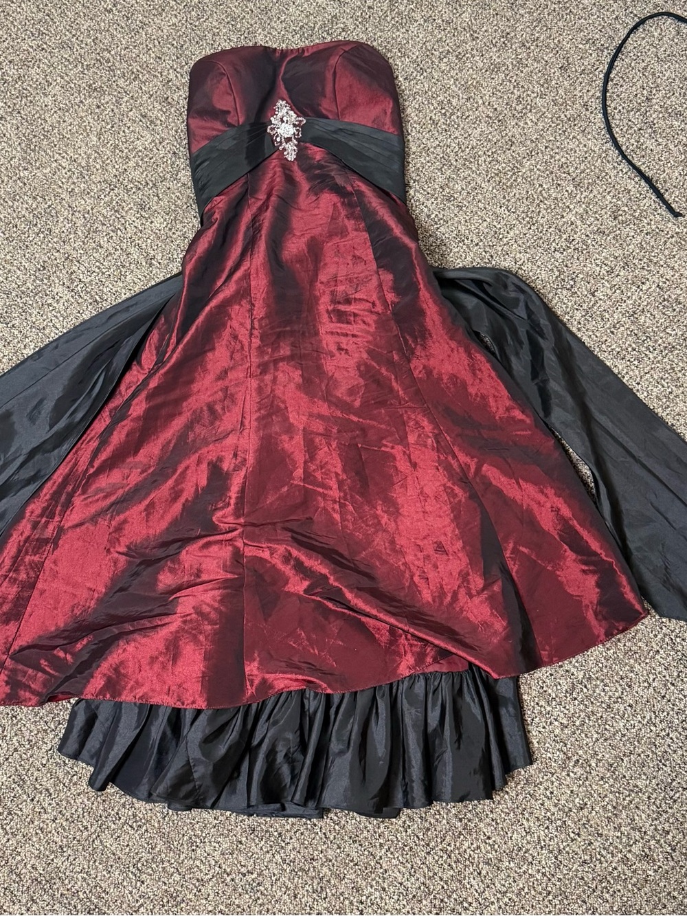 Strapless Burgundy and Black Party Dress with Brooch Detail